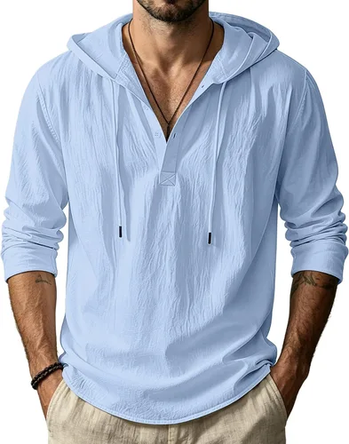 Vista 10 de Sudaderas con capucha de lino y algodón para hombre, estilo casual, manga larga, con botones, ligeras, informales, hawaianas, para la playa