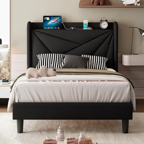 Vista 15 de iPormis Base de cama tamaño Queen con estación de carga, marco de cama de plataforma de lino con cabecera tapizada con respaldo de ala, soporte
