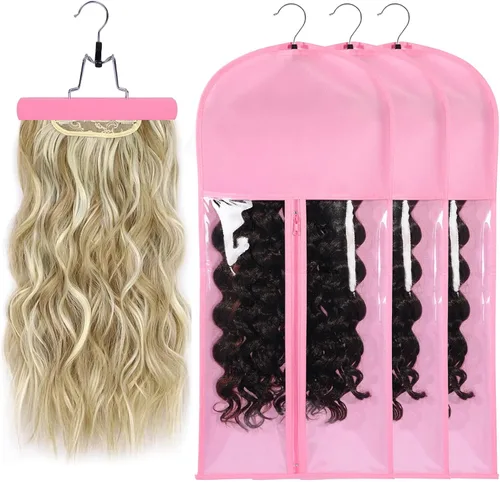 Vista 10 de Bolsas de almacenamiento para peluca con colgador: 3 piezas de extensiones de cabello, ganchos para extensiones de cabello (negro)