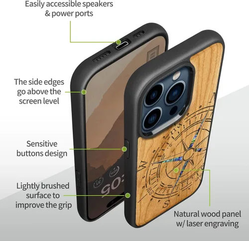 Vista 6 de Carveit Funda magnética de madera para iPhone 15 Pro, compatible con cargadores inalámbricos MagSafe, funda a prueba de golpes, carcasa hecha a mano