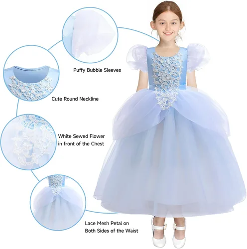Vista 2 de Disfraz de princesa Cenicienta para niñas, manga abombada, fiesta de cumpleaños, cosplay