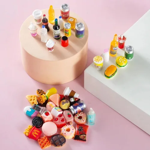 Vista 7 de 50 piezas de botellas en miniatura de comida y bebida, latas de refresco, accesorios de juego de cocina de simulación, juguetes de Hamburgo, pastel