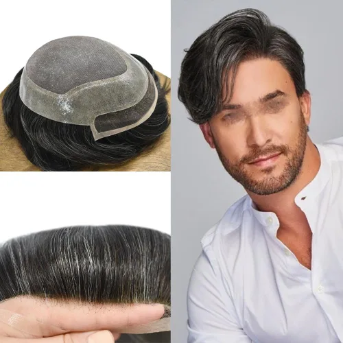 Vista 8 de Tupé para hombres Piezas de cabello humano real para hombres Sistema de reemplazo de cabello para hombres Encaje Toupee Hairpieces para adelgazar