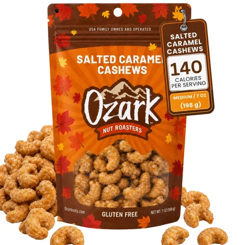 Vista 10 de OZARK NUT ROASTERS Anacardos de caramelo salado, aperitivo gourmet de nueces confitadas, sin gluten, sal marina y anacardos glaseados con caramelo