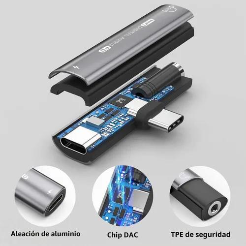 Vista 4 de Adaptador de auriculares USB C, adaptador 2 en 1 de USB C a conector de auriculares de 3,5 mm HiFi DAC con adaptador dongle de carga rápida de 27W
