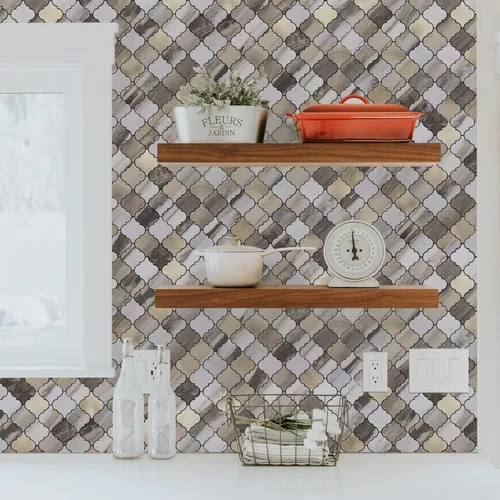 Vista 6 de STICKGOO Azulejo árabesco para salpicaduras de pelar y pegar, para salpicaduras de cocina y baño, grano de madera dorada con aspecto de mármol, PVC