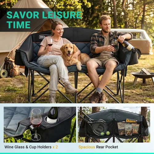 Vista 3 de Overmont Silla de camping doble de gran tamaño, plegable portátil con bolsa Loveseat Negro