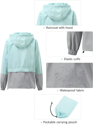 Vista 6 de Century Star Chubasqueros ligeros para mujer, impermeable con capucha, rompevientos, para mujer, abrigos de lluvia plegables