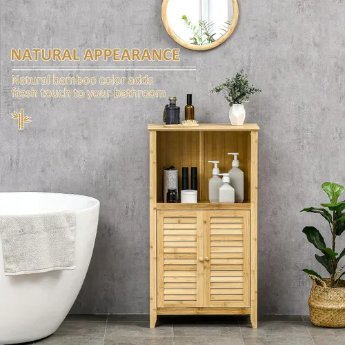 Vista 4 de HOMCOM Mueble de baño de bambú con estantes y puertas, natural