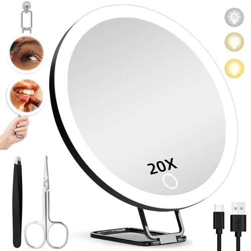 Vista 15 de Espejo de aumento de maquillaje 10X con luces, espejo aumentado de mano de Negro-10x