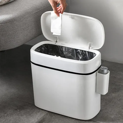 Vista 7 de LIFKOME Tapa de cubo de basura de capacidad de 14 litros, cesta de basura pequeña para baño, cocina, plástico blanco, impermeable, resistente, fácil