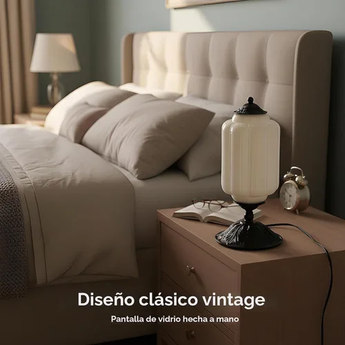 Vista 4 de Lámpara de mesa vintage de vidrio de leche con control táctil, elegante lámpara de noche de vidrio blanco regulable de 3 vías con puertos de carga