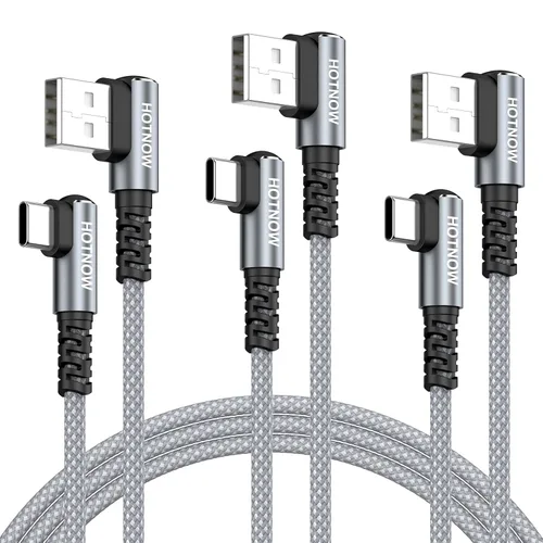 Vista 16 de Cable USB C corto de ángulo recto de 0.5 pies, paquete de 3 cables de carga USB C de 6 pulgadas, cable de carga rápida trenzado de nailon