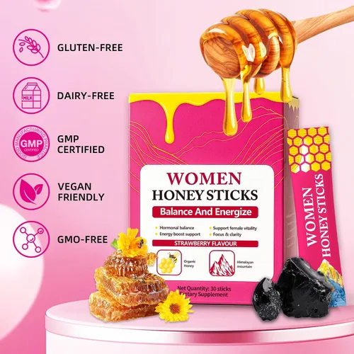 Vista 7 de Bloomin - Palitos de miel Shilajit para mujeres, palitos de miel de fresa, energía natural y potenciador de vitalidad con shatavari y azafrán