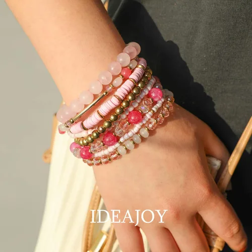 Vista 9 de IDEAJOY Pulseras rosas bohemias de cuentas de varias capas apilables, conjunto de 8 piezas de hebra elástica versátil con cuentas brillantes