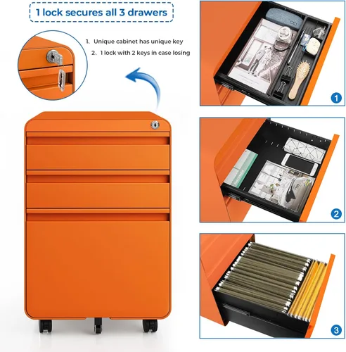 Vista 4 de Dripex Archivador de 3 cajones debajo del escritorio, carta/legal/A4, totalmente montado para oficina en casa, pequeños archivadores móviles cortos