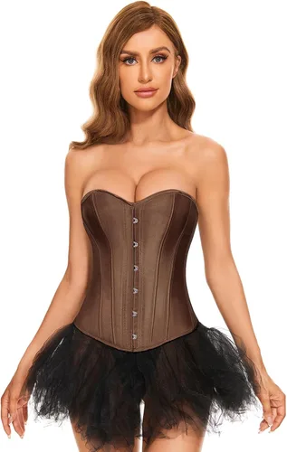 Vista 12 de LEACOOLKEY - Bustier de encaje para mujer, corsé sexy de busto alto, moldeador de cintura, top de corsé A-Negro