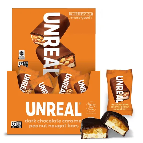 Vista 11 de Unreal - Barras de turrón de cacahuete y caramelo de chocolate oscuro, bolsas de tamaño económico, paquete de 3 Chewy caramel, organic peanuts and