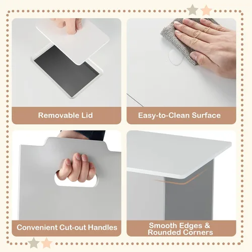 Vista 4 de HONEY JOY Juego de mesa y silla para niños, mesa convertible para niños y 2 bancos y estantería organizadora de almacenamiento de juguetes de 4