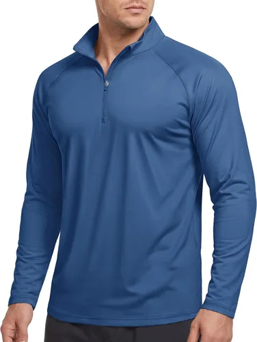 Vista 29 de CRYSULLY Camiseta de manga larga con cremallera de 1/4 para hombre, con protección solar, pullover UPF 50+, rash guard para correr, camiseta ligera