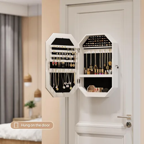 Vista 7 de Bonnlo Armario de joyería moderno en forma de diamante, organizador octogonal con cerradura con espejo, montado en la pared para ahorrar espacio