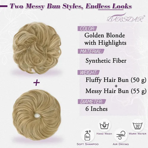 Vista 2 de BARSDAR Rubio dorado con reflejos, 2 piezas de cabello desordenado de moño + extensiones de moño de cabello humano real rubio