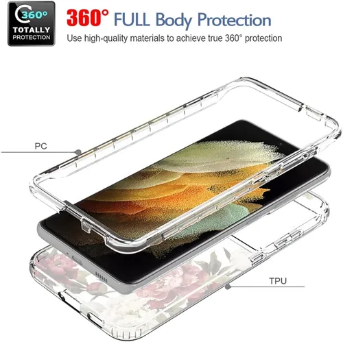 Vista 3 de Funda para Galaxy S21 Ultra 5G SM-G998U con protector de pantalla de vidrio templado, bonito patrón floral transparente, funda protectora de cuerpo