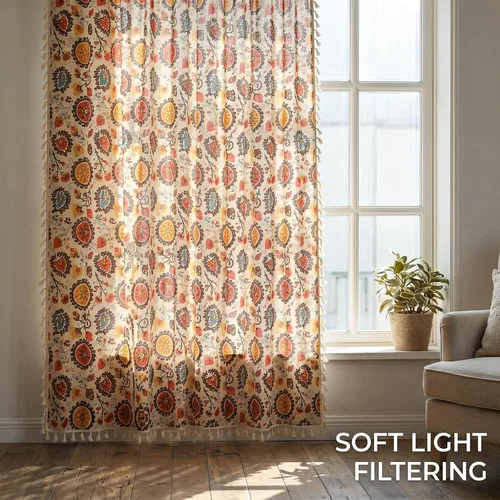 Vista 2 de VOGOL Cortinas con textura de lino con estampado floral bohemio, 59 x 63, 1 panel