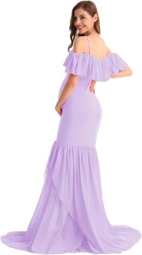 Vista 30 de MYRISAM Vestido de maternidad con volantes y hombros descubiertos para mujer, vestido de fiesta de sirena de gasa, vestido ajustado