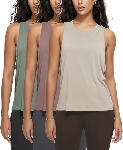 Vista 23 de ODODOS Paquete de 3 camisetas sin mangas sueltas para mujer, camisetas sin mangas para gimnasio, atletismo, entrenamiento, camisetas de yoga