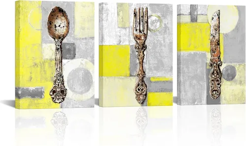 Vista 7 de sechars Cuadro de Cocina Vintage con Tenedor, Cuchillo y Cuchara en Azul y Gris, Pintura en Lienzo, Utensilios de Cocina, Impresión de Cuadro