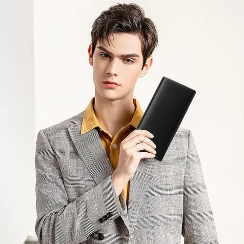 Vista 6 de FALAN MULE Cartera de cuero genuino con bloqueo RFID delgada con tarjetero largo plegable para tarjetas de crédito para hombres, Negro -, Moda