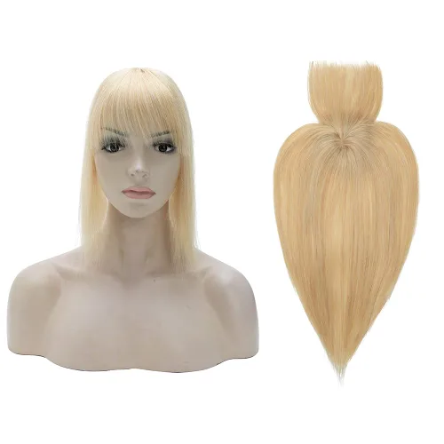Vista 25 de MY-LADY Top Hairpieces para mujer con flequillo, base mono natural, 100% cabello humano real, clip en pieza de cabello lacio en medio para pérdida