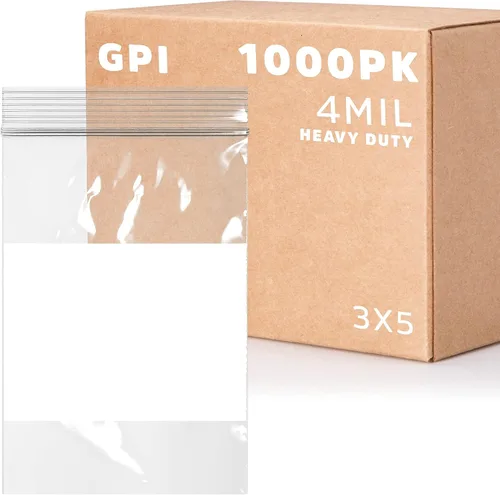 Vista 30 de GPI - 2" x 3" - Paquete a granel de 100, bolsas de plástico transparente con cierre de cremallera de 4 mil de grosor, resistentes, con bloque blanco