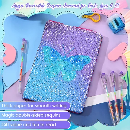 Vista 3 de Outus Juego de diario de lentejuelas para niñas con 4 bolígrafos de tinta de gel de color, diario reversible, cuaderno de lentejuelas con purpurina