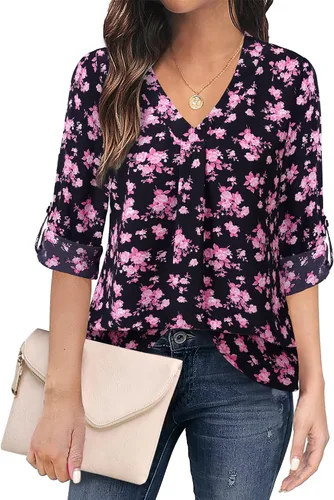 Vista 20 de Youtalia Blusas para mujer, elegantes, informales, de negocios, manga 3/4, de gasa, cuello en V, camisas de trabajo y oficina