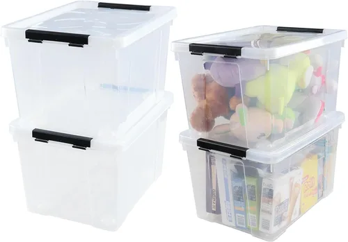 Vista 9 de Paquete de 4 contenedores de plástico transparente de 23 L con ruedas y pestillos Contenedores de almacenamiento transparentes con tapa, diseño