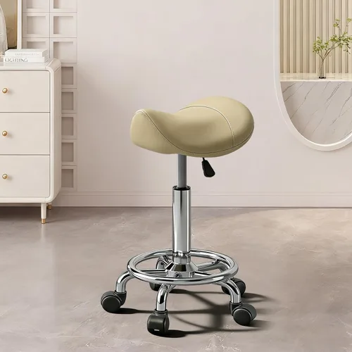 Vista 9 de Taburete con pedal de anillo, silla hidráulica ajustable con ruedas para uso médico, masaje, salón, spa, cocina y dibujo Blanco