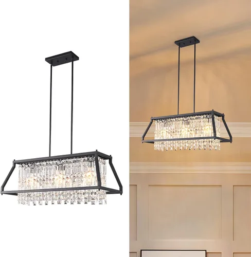Vista 22 de LMQNINE Modernas lámparas colgantes negras para isla de cocina, lámpara de araña de cristal, iluminación colgante ajustable de granja para comedor