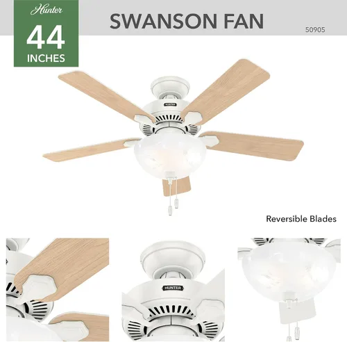 Vista 8 de Hunter Ventilador de techo para interiores de 44 pulgadas con luz LED - Ventilador de techo blanco con cadena de tracción, para dormitorio, sala
