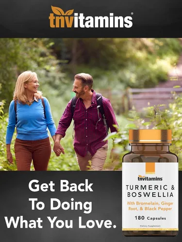 Vista 5 de tnVitamins Turmeric & Boswellia Complex (180 cápsulas) con raíz de jengibre, bromelina y extracto de pimienta negra Fórmula Joint-Easy: potente