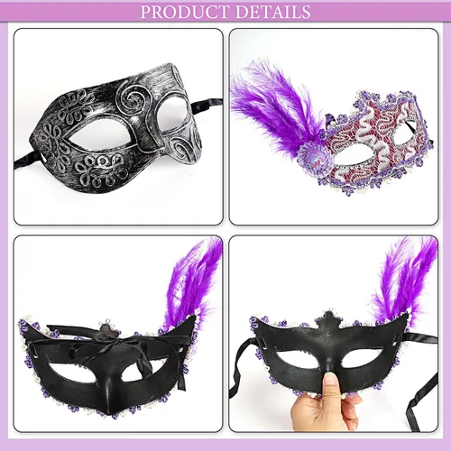 Vista 3 de 16 máscaras de Mardi Gras con plumas, unisex, medias mascaradas, máscaras venecianas para mujeres, hombres, niños, Mardi Gras, carnaval, fiesta