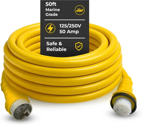 Vista 9 de Cables marinos y RV de 125/250 V, 50 amperios x 25 pies, cable de extensión NEMA resistente con 2 terminales en forma de L con extremos moldeados