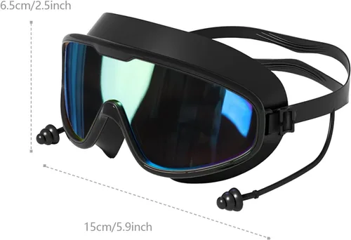 Vista 6 de Gafas de natación con tapones para los oídos, gafas de natación de silicona para adultos, sin fugas, visión amplia, antivaho con protección UV