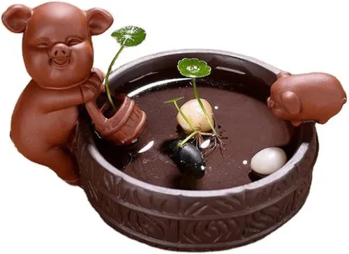Vista 8 de Purple Clay Boutique - Juego de té para mascotas, ceremonia de té de pescado, cerámica que atrae dinero, lindo bonsái de carne, plantas en maceta