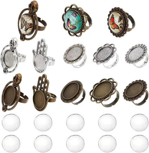 Vista 9 de SUNNYCLUE Juego de 24 piezas de anillos ajustables mixtos, cabujones, kit de fabricación de joyas, ajuste de anillo de dedo, cabujones de cristal
