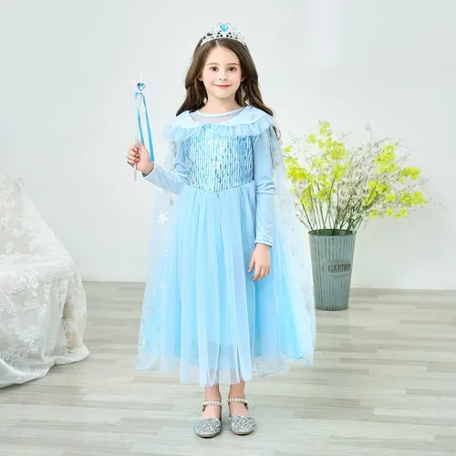 Vista 3 de OMFIONES Elsa - Vestido de princesa de Frozen para niñas, disfraz de Halloween, fiesta de cumpleaños con accesorios