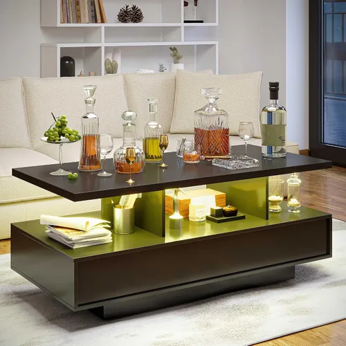 Vista 8 de LAUSAINT HOME Mesa de centro con almacenamiento, mesas de centro LED de 2 niveles para sala de estar con aplicación y control remoto, mesa de centro