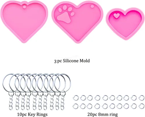 Vista 2 de 3 piezas de moldes de silicona de resina brillante con huella de pata para hacer llaveros DIY, molde de epoxi en forma de corazón con anillo