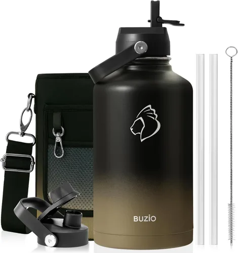 Vista 31 de BUZIO Botella de agua aislada de 24 oz, frasco de agua de boca ancha de acero inoxidable con tapa de pajita, frío durante 48 horas a prueba de Negro